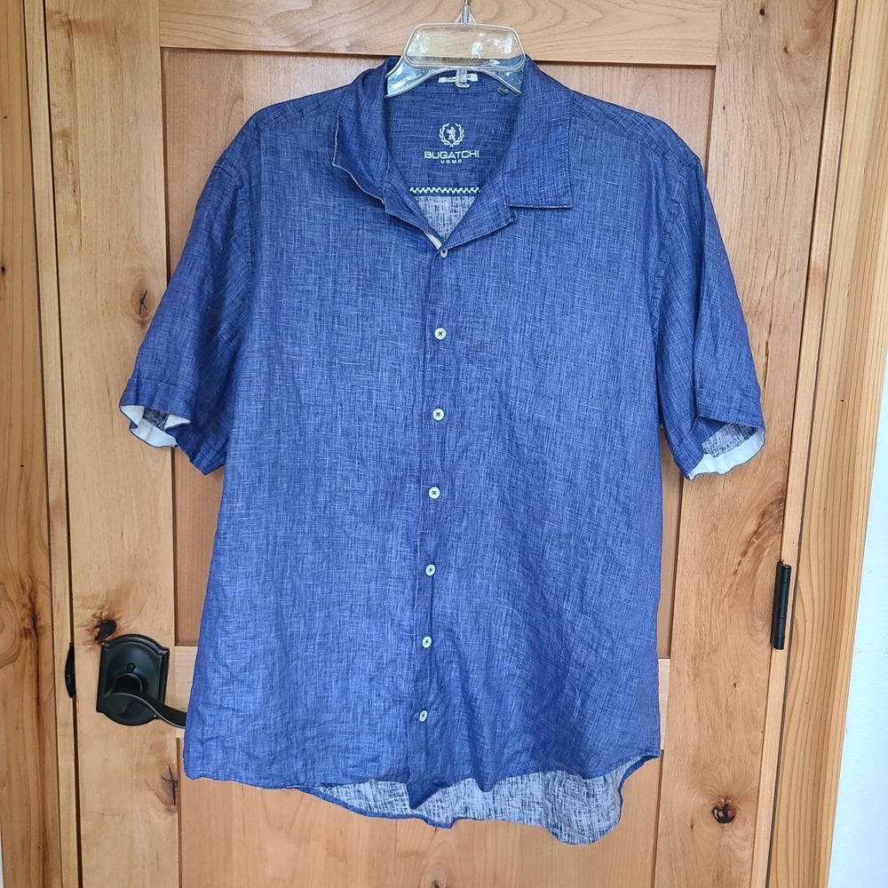 Bugatchi Uomo 100% Linen XL Blue Short Sleeve Shirt Beachy Resort Coastal Summer